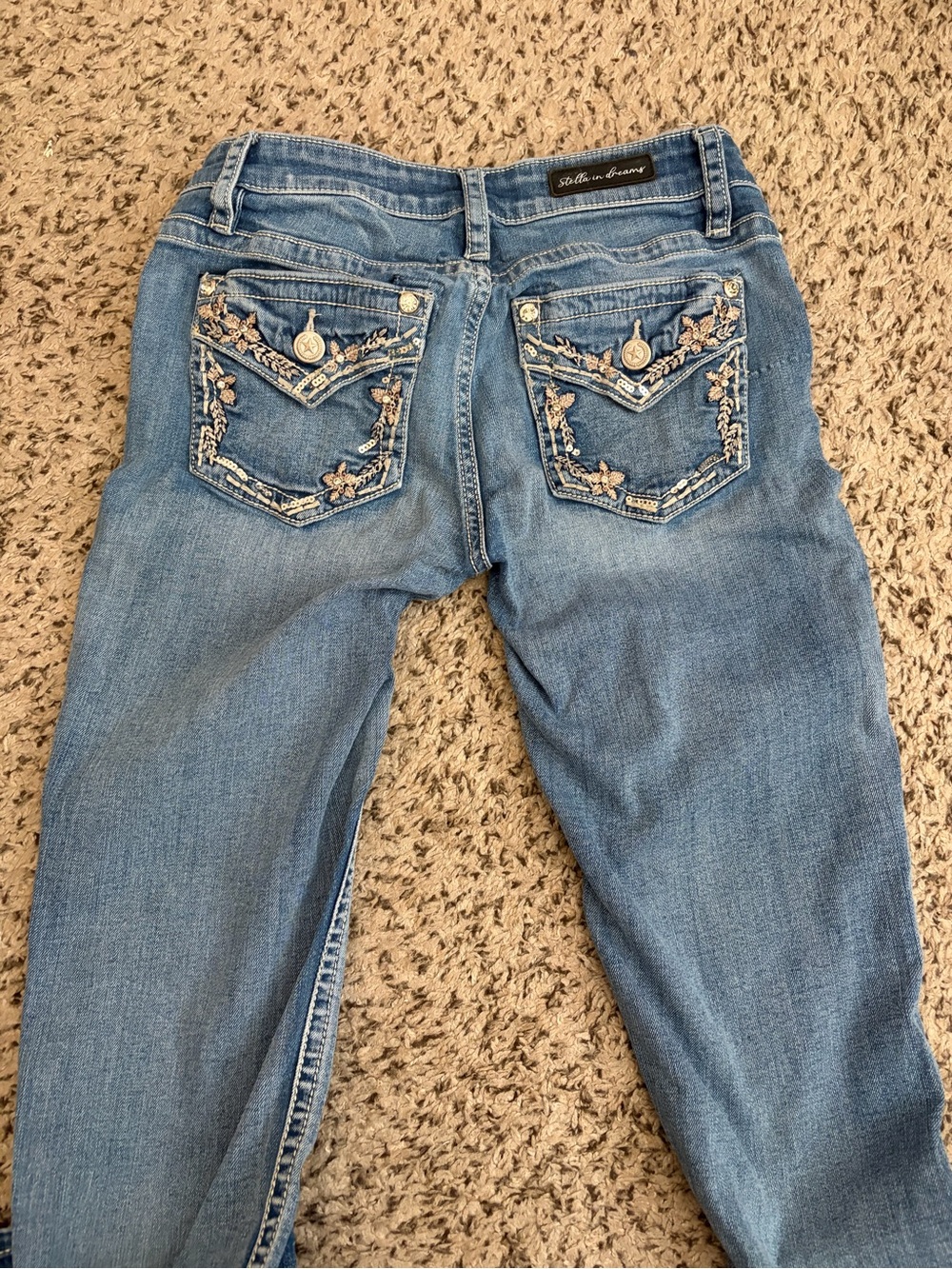 Stylish Light Blue Embroidered Back Pocket Bling Women Bootcut Jeans